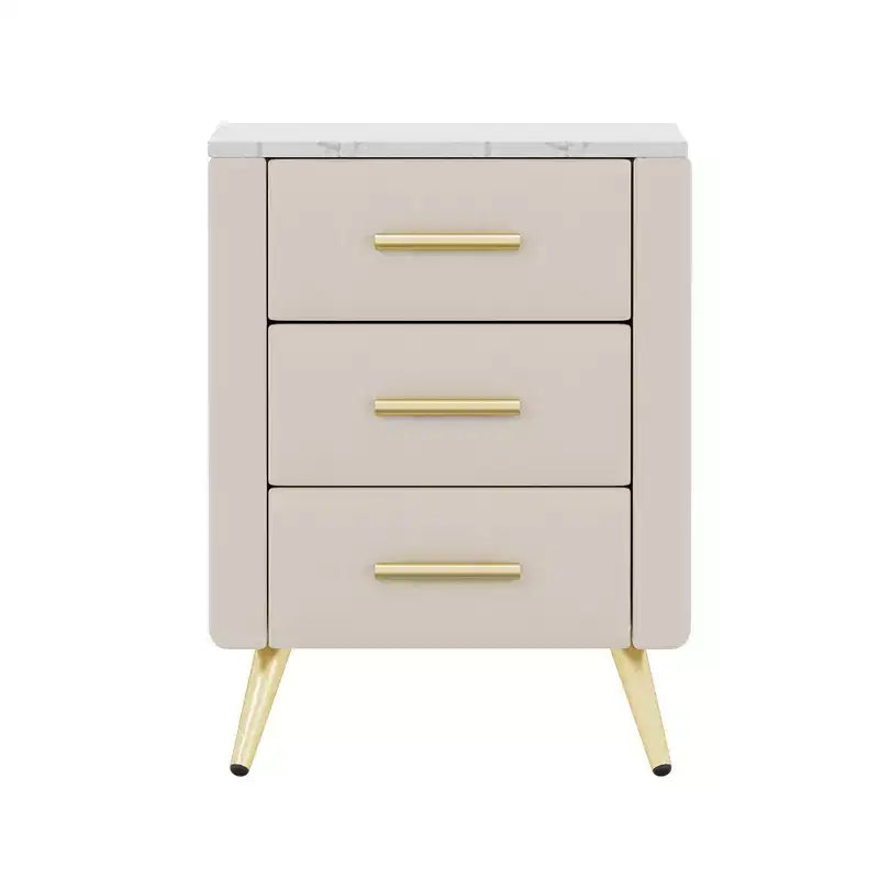 Comodino in Legno Elegante Whisen, Tavolino da Comodino Imbottito con 3 Cassetti e Gambe in Metallo, Maniglie e Piano di Lavoro con Adesivi Effetto Marmo