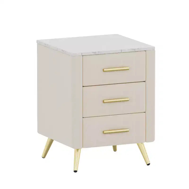 Comodino in Legno Elegante Whisen, Tavolino da Comodino Imbottito con 3 Cassetti e Gambe in Metallo, Maniglie e Piano di Lavoro con Adesivi Effetto Marmo