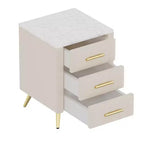 Comodino in Legno Elegante Whisen, Tavolino da Comodino Imbottito con 3 Cassetti e Gambe in Metallo, Maniglie e Piano di Lavoro con Adesivi Effetto Marmo
