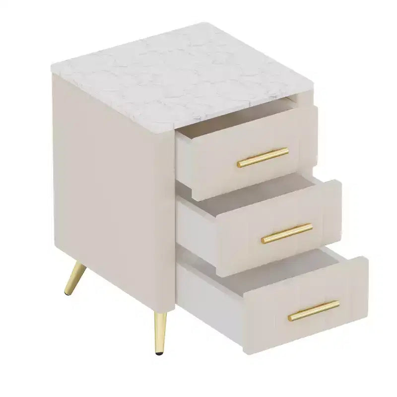 Comodino in Legno Elegante Whisen, Tavolino da Comodino Imbottito con 3 Cassetti e Gambe in Metallo, Maniglie e Piano di Lavoro con Adesivi Effetto Marmo