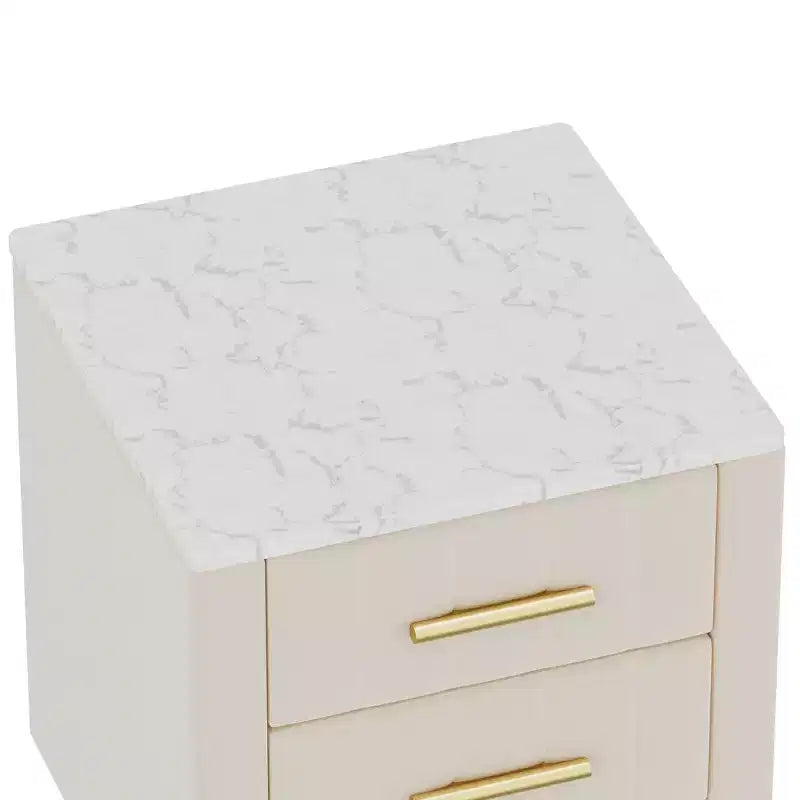Comodino in Legno Elegante Whisen, Tavolino da Comodino Imbottito con 3 Cassetti e Gambe in Metallo, Maniglie e Piano di Lavoro con Adesivi Effetto Marmo