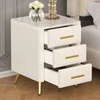 Whisen Elegant Wooden Nightstand, Upholstered Bedside Table with 3 Drawers and Metal Legs, Handles and Marbling Stickers Worktop