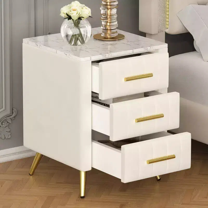 Whisen Elegant Wooden Nightstand, Upholstered Bedside Table with 3 Drawers and Metal Legs, Handles and Marbling Stickers Worktop