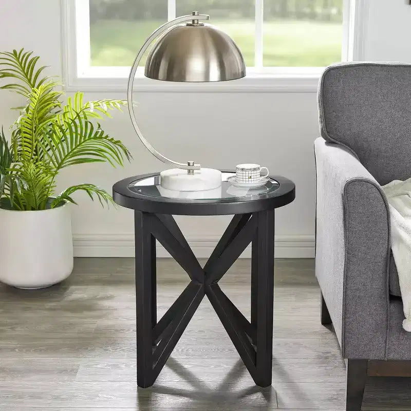 MAYEERTY Table Basse Ronde Moderne Simple en Verre, Table Basse en Verre Trempé avec Base en Bois Massif pour Salon Noir