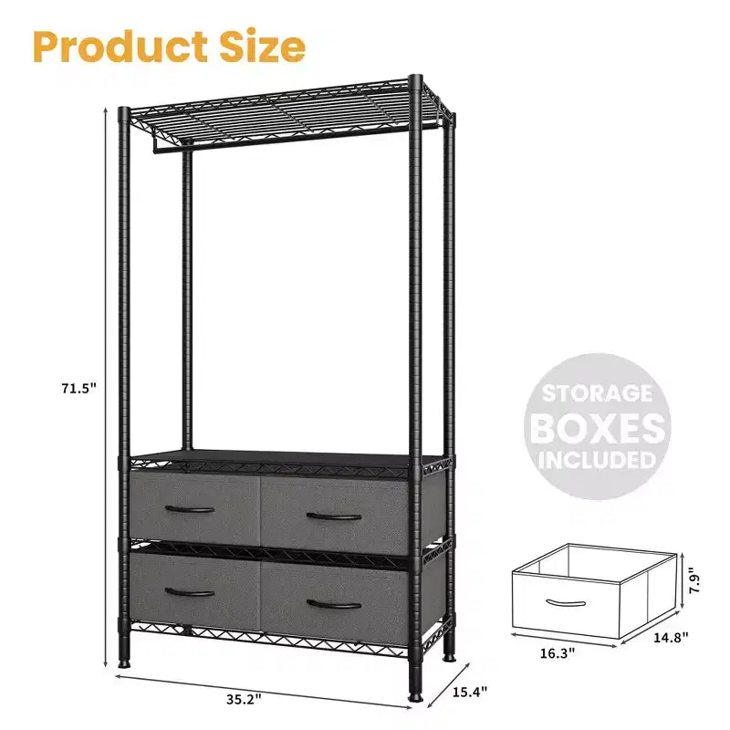 Appendiabiti 71H con 4 cassetti in tessuto, stender in filo metallico con asta appendiabiti e ripiani regolabili, stender freestanding per camera da letto