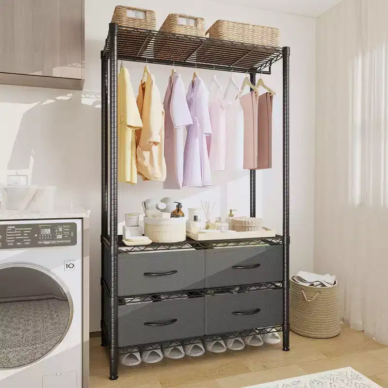 Appendiabiti 71H con 4 cassetti in tessuto, stender in filo metallico con asta appendiabiti e ripiani regolabili, stender freestanding per camera da letto