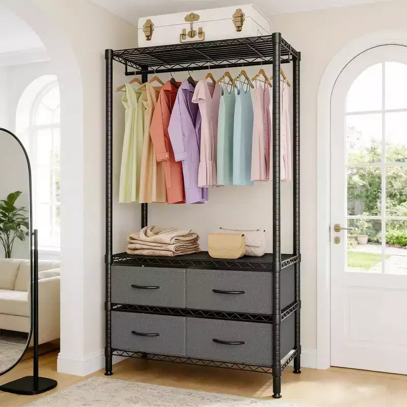 Appendiabiti 71H con 4 cassetti in tessuto, stender in filo metallico con asta appendiabiti e ripiani regolabili, stender freestanding per camera da letto
