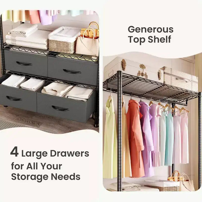 Appendiabiti 71H con 4 cassetti in tessuto, stender in filo metallico con asta appendiabiti e ripiani regolabili, stender freestanding per camera da letto