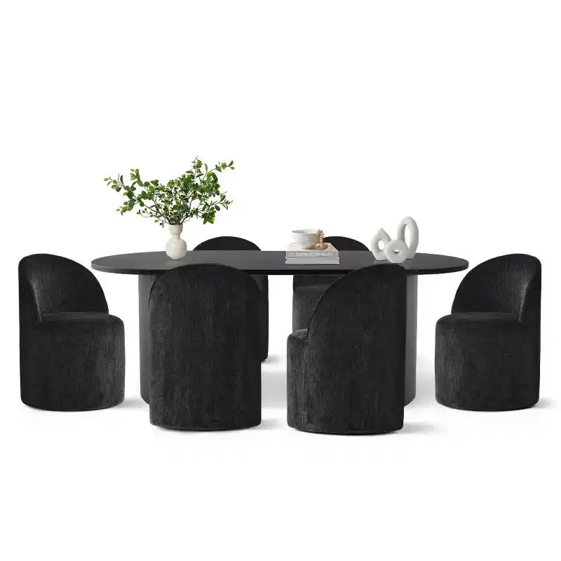 Set da Pranzo 7 Pezzi per Cucina, Tavolo Ovale Nero e Sedie a Botte in Ciniglia, Mobili Moderni per Sala da Pranzo - Panipeachy