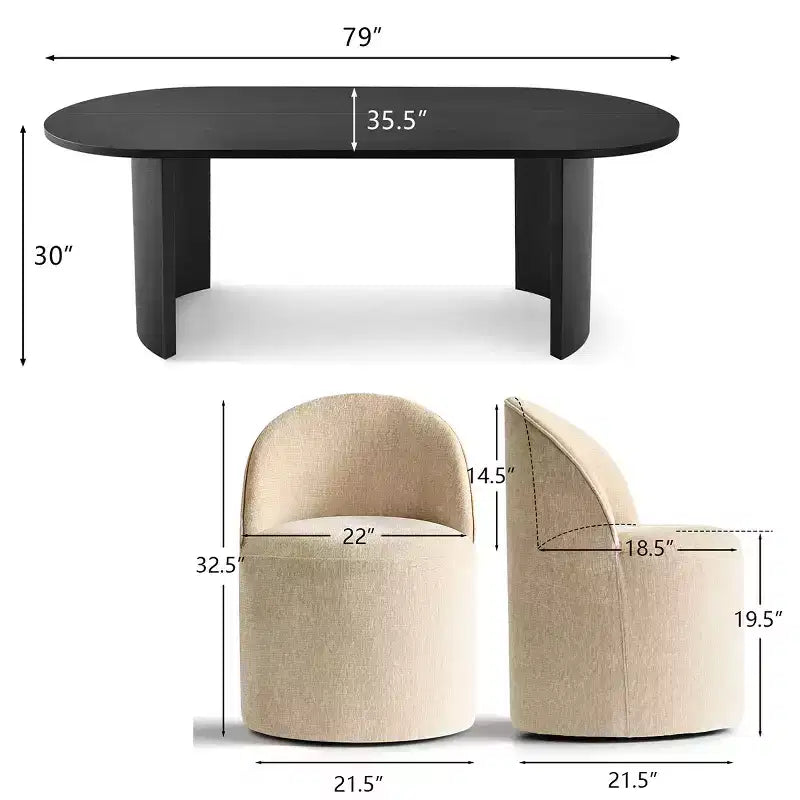 Set da Pranzo 7 Pezzi per Cucina, Tavolo Ovale Nero e Sedie a Botte in Ciniglia, Mobili Moderni per Sala da Pranzo - Panipeachy