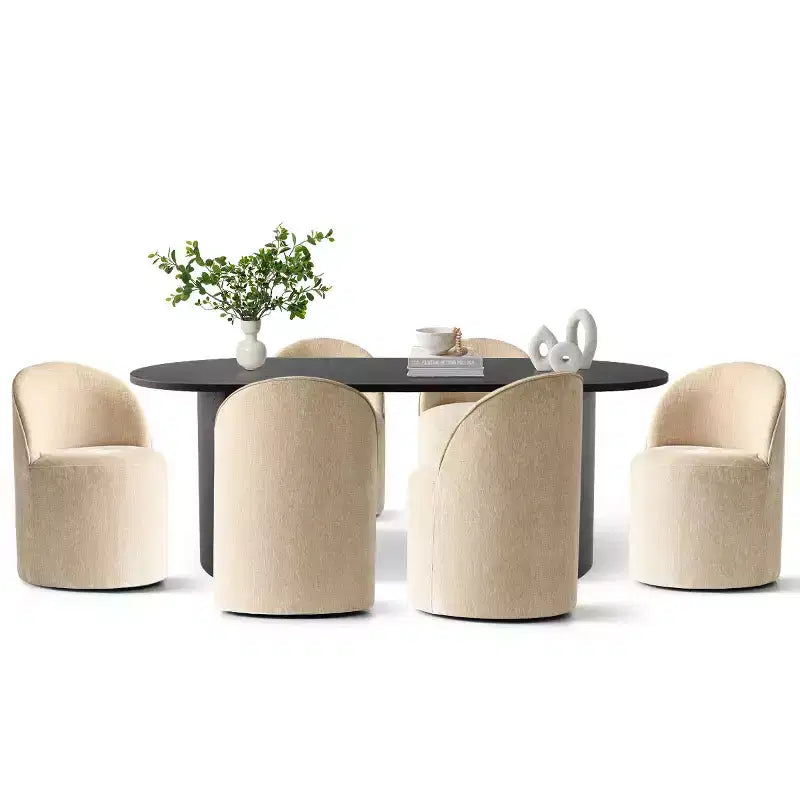 Set da Pranzo 7 Pezzi per Cucina, Tavolo Ovale Nero e Sedie a Botte in Ciniglia, Mobili Moderni per Sala da Pranzo - Panipeachy
