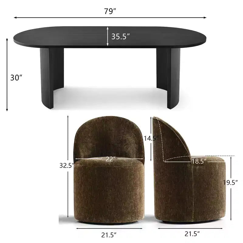 Set da Pranzo 7 Pezzi per Cucina, Tavolo Ovale Nero e Sedie a Botte in Ciniglia, Mobili Moderni per Sala da Pranzo - Panipeachy