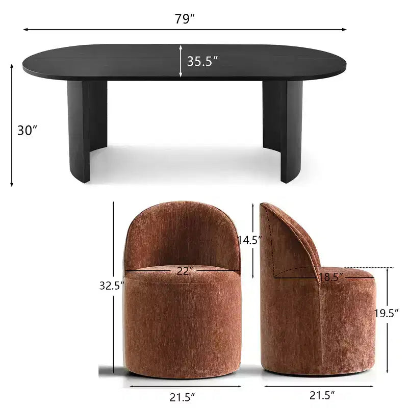 Set da Pranzo 7 Pezzi per Cucina, Tavolo Ovale Nero e Sedie a Botte in Ciniglia, Mobili Moderni per Sala da Pranzo - Panipeachy