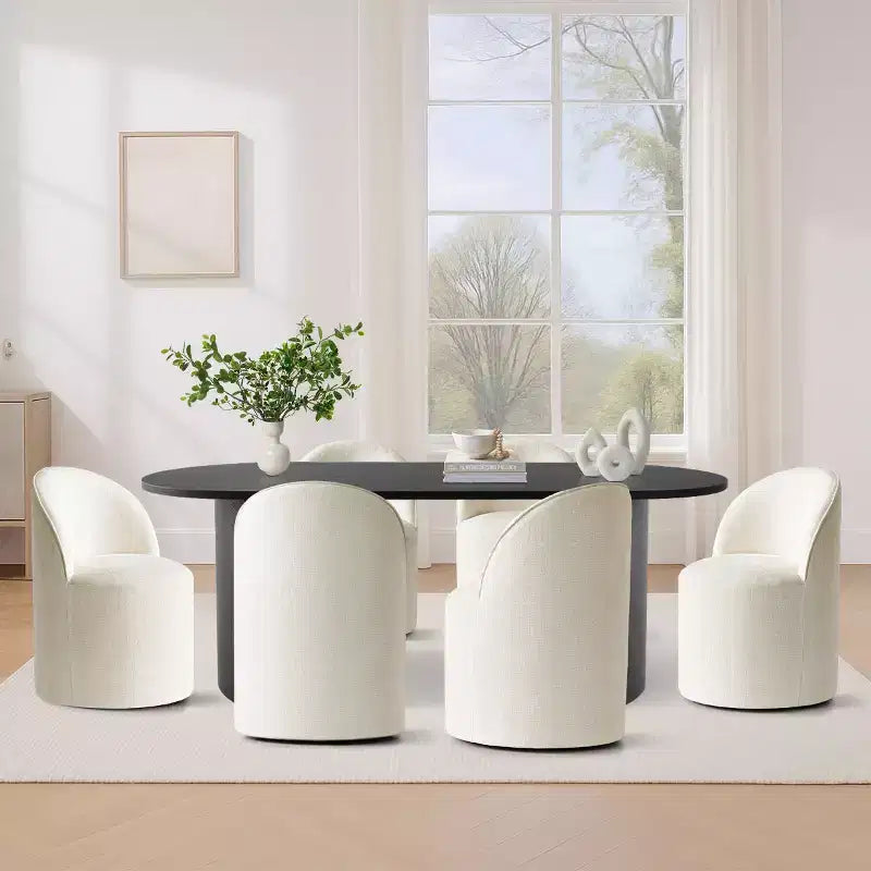 7-Piece Dining Set for Kitchen, Black Oval Table and Chenille Barrel Chairs, Modern Dining Room Furniture - Panipeachy