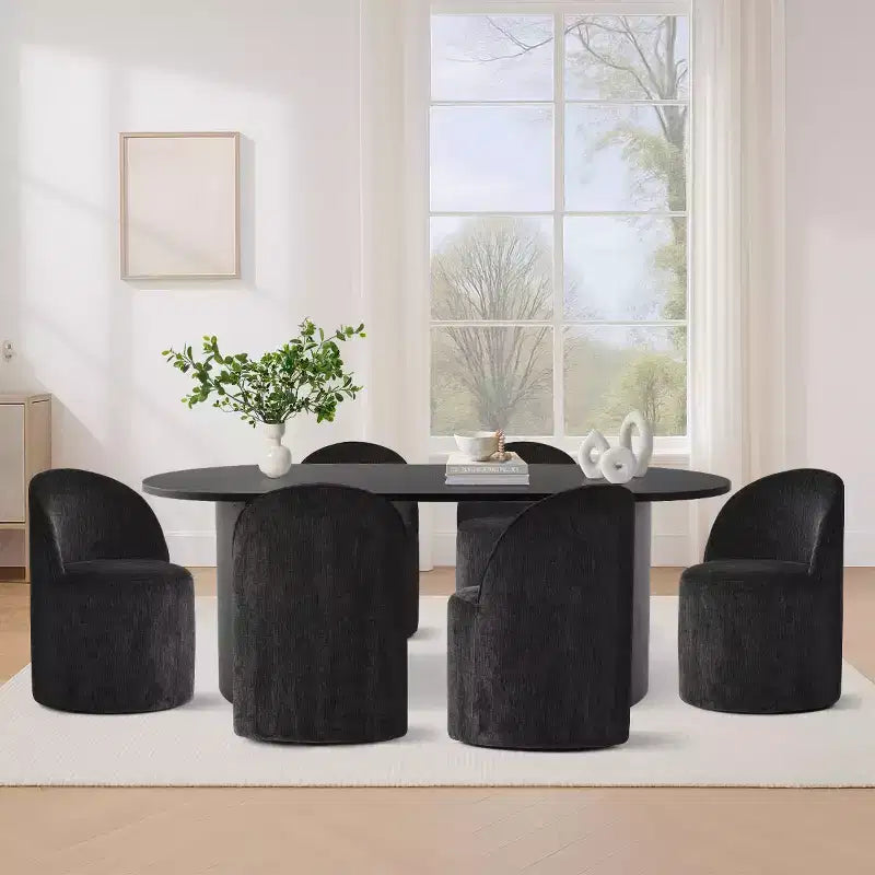 Ensemble de salle à manger 7 pièces pour cuisine, table ovale noire et chaises baquets en chenille, meubles de salle à manger modernes - Panipeachy