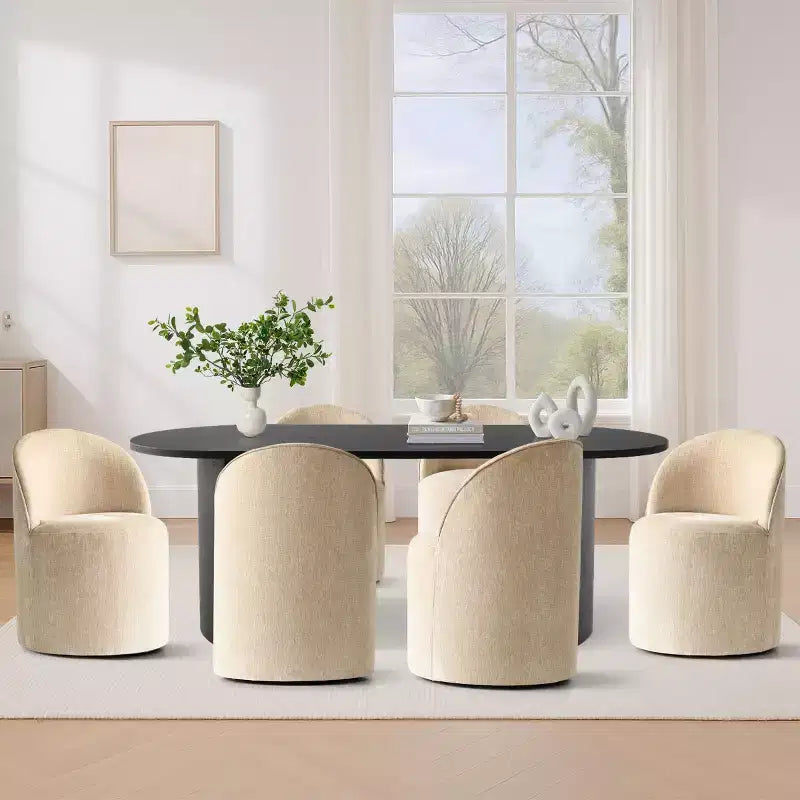 Ensemble de salle à manger 7 pièces pour cuisine, table ovale noire et chaises baquets en chenille, meubles de salle à manger modernes - Panipeachy