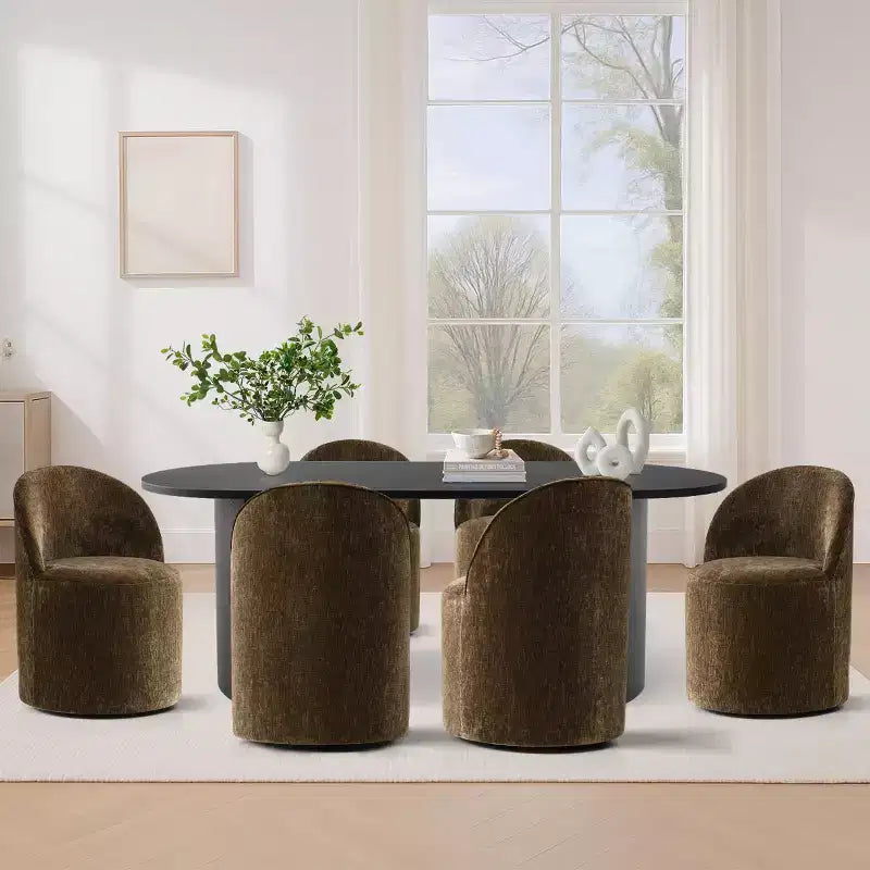 Ensemble de salle à manger 7 pièces pour cuisine, table ovale noire et chaises baquets en chenille, meubles de salle à manger modernes - Panipeachy