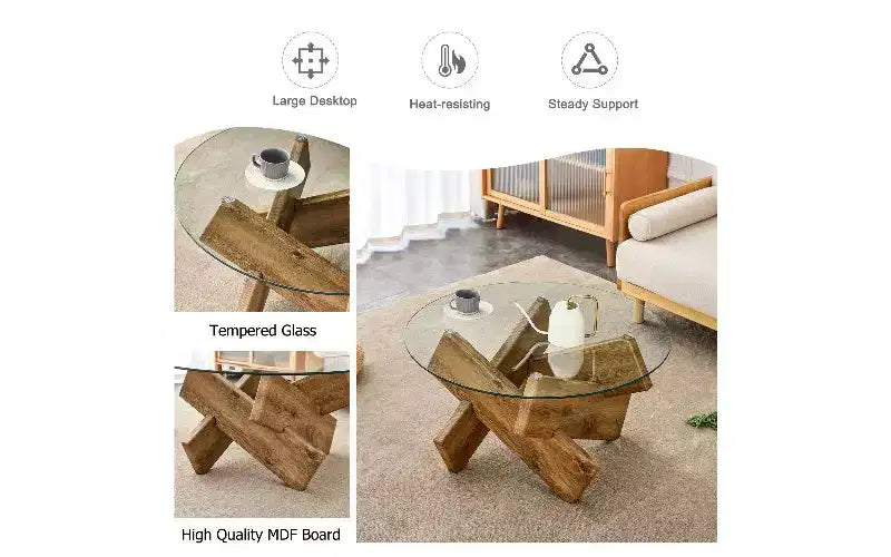 TUYOHW Tavolino Rotondo con Piano in Vetro Temperato, Tavolino Moderno Unico con Gambe in MDF con Adesivo Testurizzato per Soggiorno