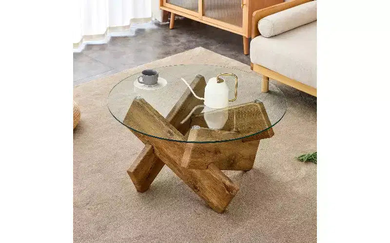 TUYOHW Round Coffee Table with Tempered Glass Top, Modern Unique Center Table with Texture Sticker MDF Legs for Living Room
