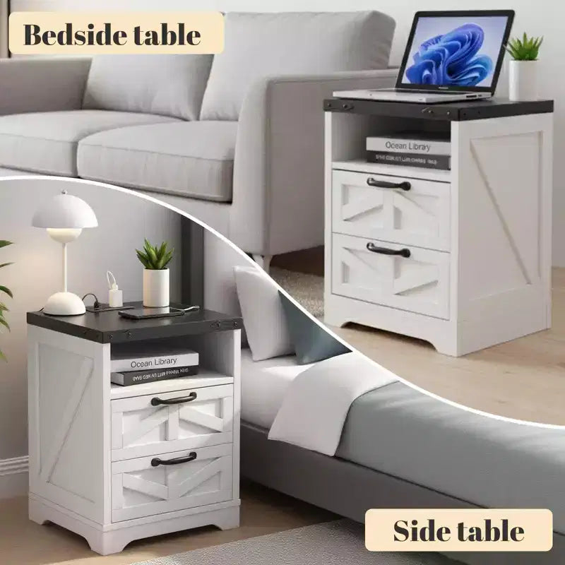 Comodino Modern Farmhouse con Stazione di Ricarica, Comodino Bianco in Stile Industriale a 2 Cassetti, Comodino Elegante e Compatto per Camera da Letto