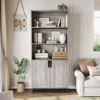 71 Inch Tall Bookshelf with Doors and Metal Base, 5 Tier Bookcase with Cabinet and Adjustable Shelf, Farmhouse Industrial Storage Book Shelf