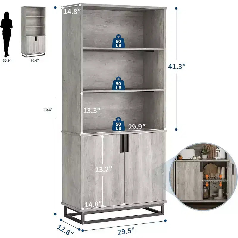 Libreria alta 180 cm con ante e base in metallo, libreria a 5 ripiani con armadietto e ripiani regolabili, libreria con ripiani portaoggetti in stile industriale-rustico