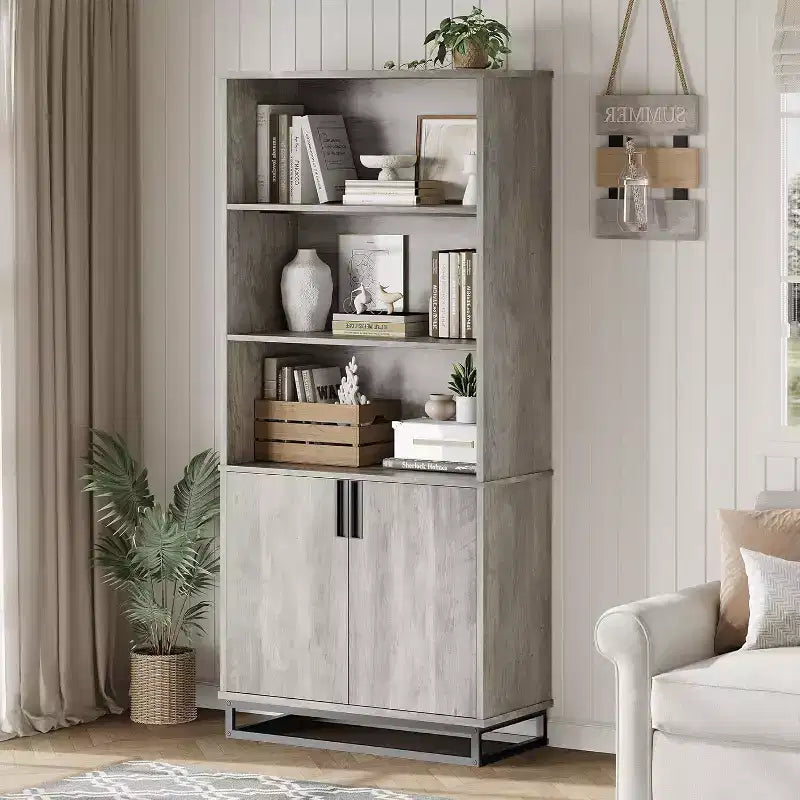 Libreria alta 180 cm con ante e base in metallo, libreria a 5 ripiani con armadietto e ripiani regolabili, libreria con ripiani portaoggetti in stile industriale-rustico