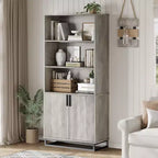Libreria alta 180 cm con ante e base in metallo, libreria a 5 ripiani con armadietto e ripiani regolabili, libreria con ripiani portaoggetti in stile industriale-rustico