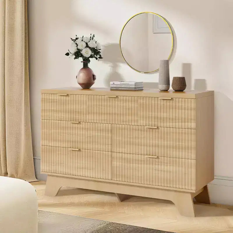 COZONY Cassettiera a 7 cassetti, 120 cm, stile moderno di metà secolo, con maniglie dorate, design scanalato, organizer per camera da letto