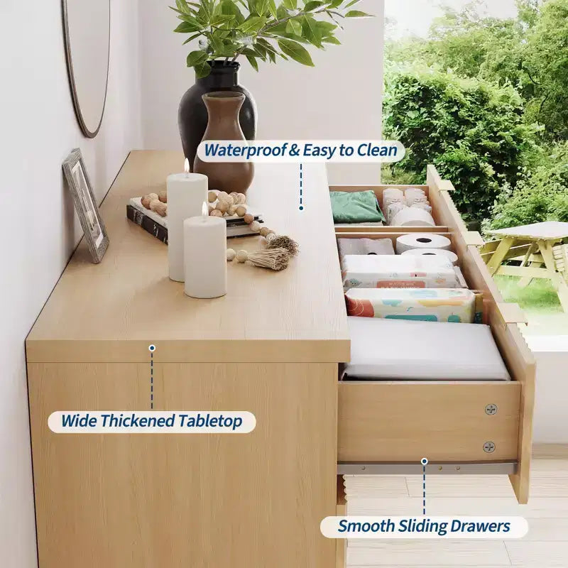COZONY Cassettiera a 7 cassetti, 120 cm, stile moderno di metà secolo, con maniglie dorate, design scanalato, organizer per camera da letto
