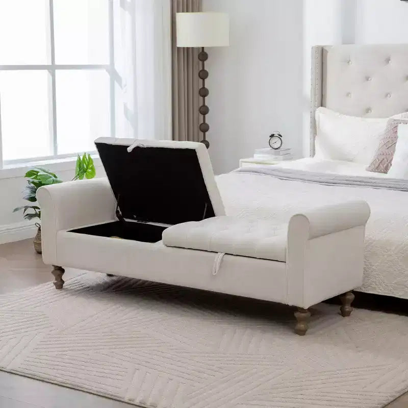 TUYOHW 65.7 Banc de Rangement Moderne avec Pieds en Bois Massif, Banc de Bout de Lit avec Accoudoir Roulé, Siège d'Entrée et Coffre à Jouets pour Salon, Chambre à Coucher