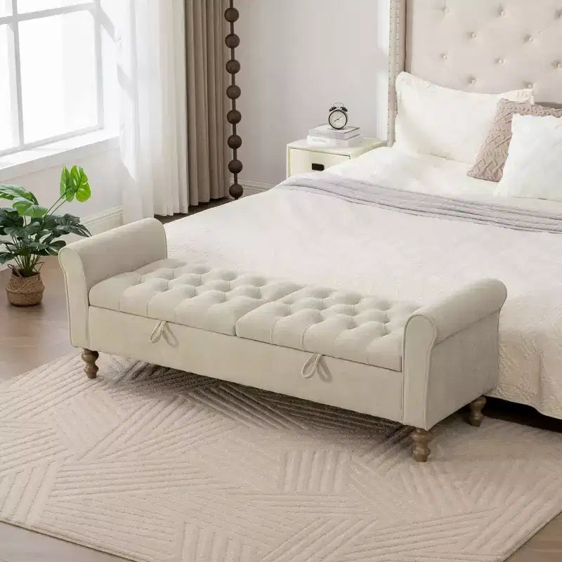 TUYOHW 65.7 Banc de Rangement Moderne avec Pieds en Bois Massif, Banc de Bout de Lit avec Accoudoir Roulé, Siège d'Entrée et Coffre à Jouets pour Salon, Chambre à Coucher