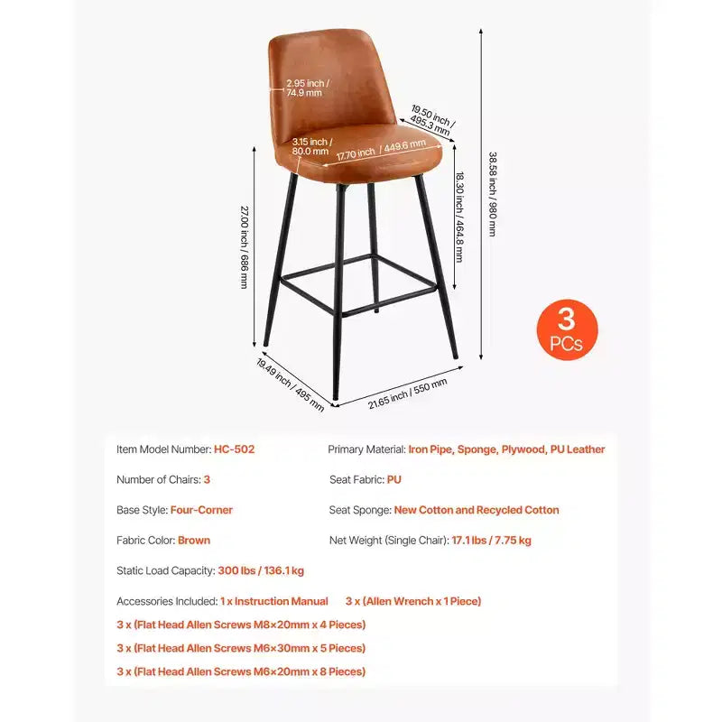 VEVOR Set di 3 Sgabelli da Bar, Sgabelli Girevoli con Altezza Bancone da 68,6 cm, Sgabello da Bar Moderno in Pelle PU con Schienale e Gambe in Metallo, Marrone