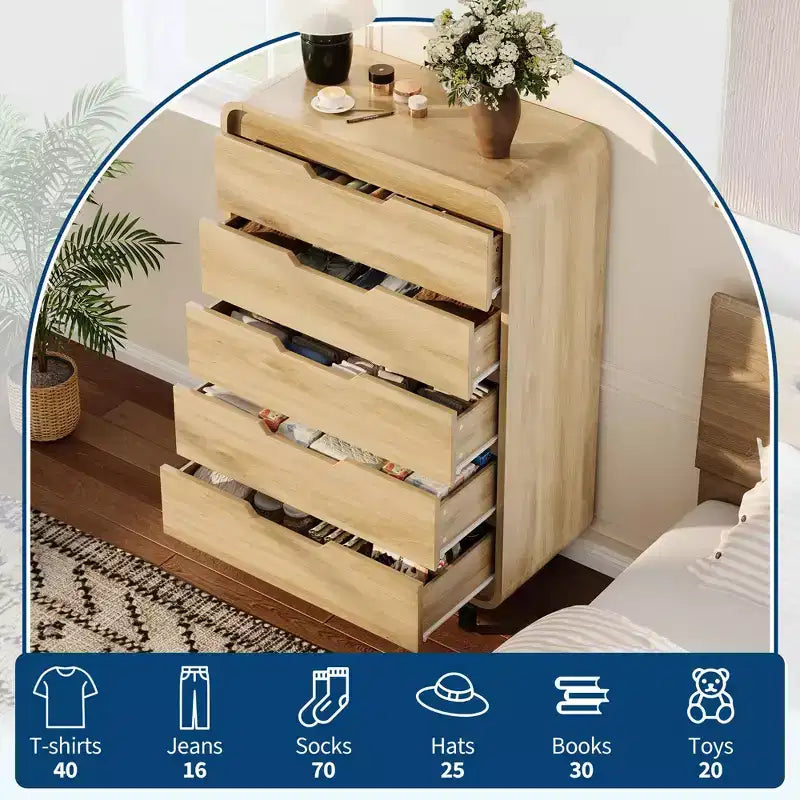 Cassettiera a 5 cassetti per camera da letto, comò alto e moderno in legno da 48 pollici con ampio spazio di archiviazione in legno, cassettiera per soggiorno, corridoio