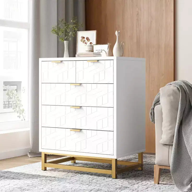 Comò moderno a 5 cassetti COZONY con gambe in metallo, ampio organizer per camera da letto, soggiorno e ingresso
