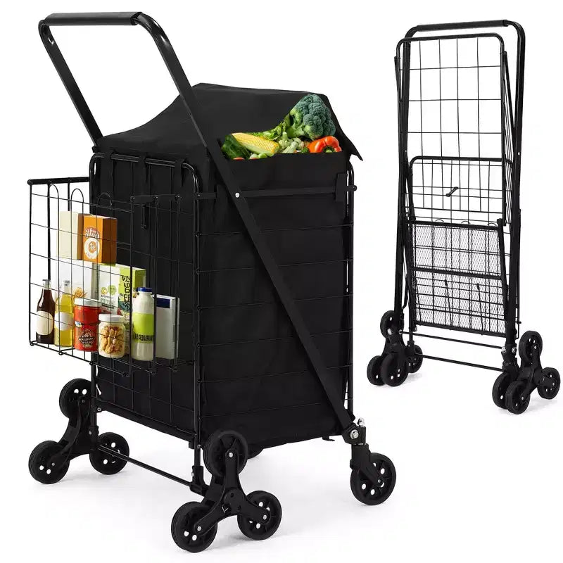 Heavy Duty Stair Climbing Shopping Cart - 360 Swivel Tri-Wheels, Waterproof Liner,135LBS,Folding Carbon Steel Trolley for Laundry, Groceries
