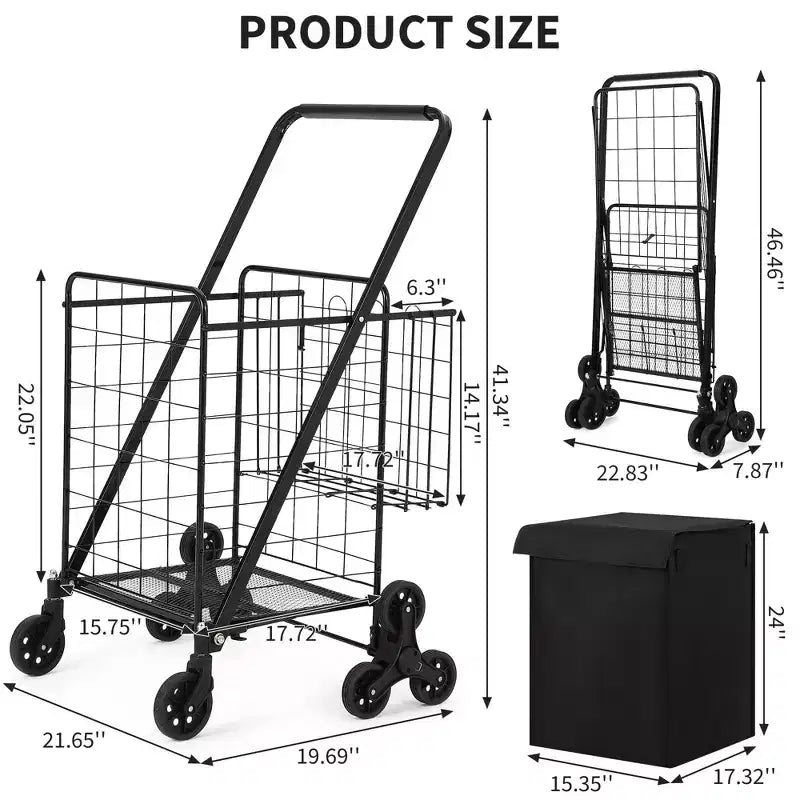 Chariot de Courses Escalade Robuste - Roues Triples Pivotantes à 360°, Doublure Imperméable, 61 kg, Chariot Pliant en Acier au Carbone pour la Lessive, les Courses