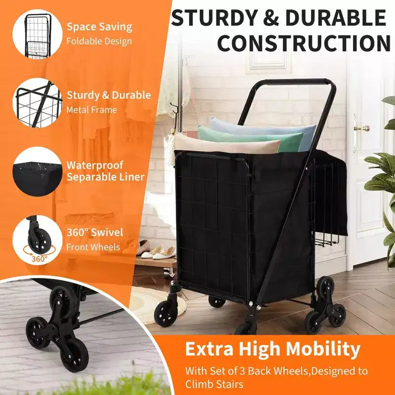 Chariot de Courses Escalade Robuste - Roues Triples Pivotantes à 360°, Doublure Imperméable, 61 kg, Chariot Pliant en Acier au Carbone pour la Lessive, les Courses