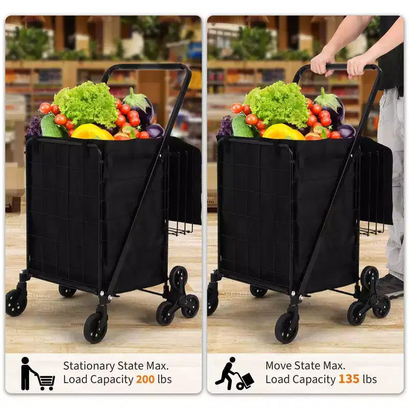 Chariot de Courses Escalade Robuste - Roues Triples Pivotantes à 360°, Doublure Imperméable, 61 kg, Chariot Pliant en Acier au Carbone pour la Lessive, les Courses