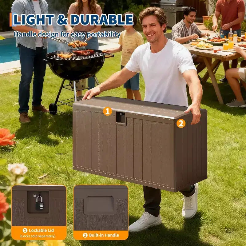 Acekool Baule Contenitore da Esterno da 492 Litri, Grande Cassa in Resina con Finitura Venata Legno, Organizer Impermeabile per Giardino, Prato e Bordo Piscina