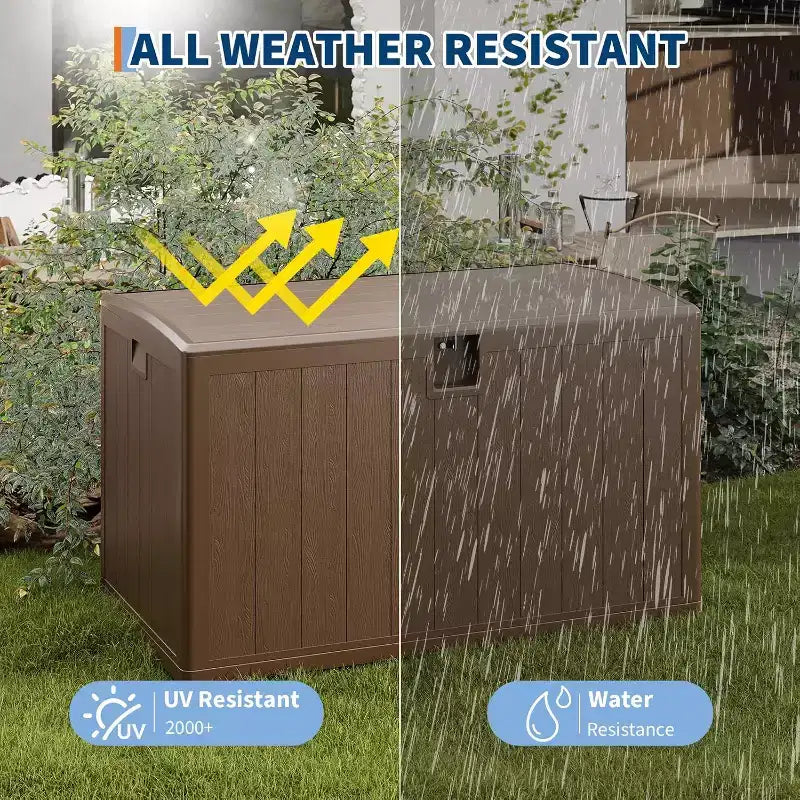 Acekool Baule Contenitore da Esterno da 492 Litri, Grande Cassa in Resina con Finitura Venata Legno, Organizer Impermeabile per Giardino, Prato e Bordo Piscina
