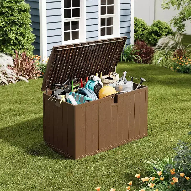 Acekool Baule Contenitore da Esterno da 492 Litri, Grande Cassa in Resina con Finitura Venata Legno, Organizer Impermeabile per Giardino, Prato e Bordo Piscina