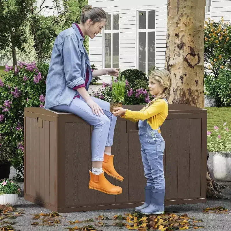 Acekool Baule Contenitore da Esterno da 492 Litri, Grande Cassa in Resina con Finitura Venata Legno, Organizer Impermeabile per Giardino, Prato e Bordo Piscina