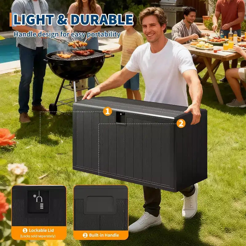 Acekool Coffre de rangement extérieur 492 L, grande malle de pont en résine aspect bois, organisateur de patio étanche pour jardin, pelouse et bord de piscine