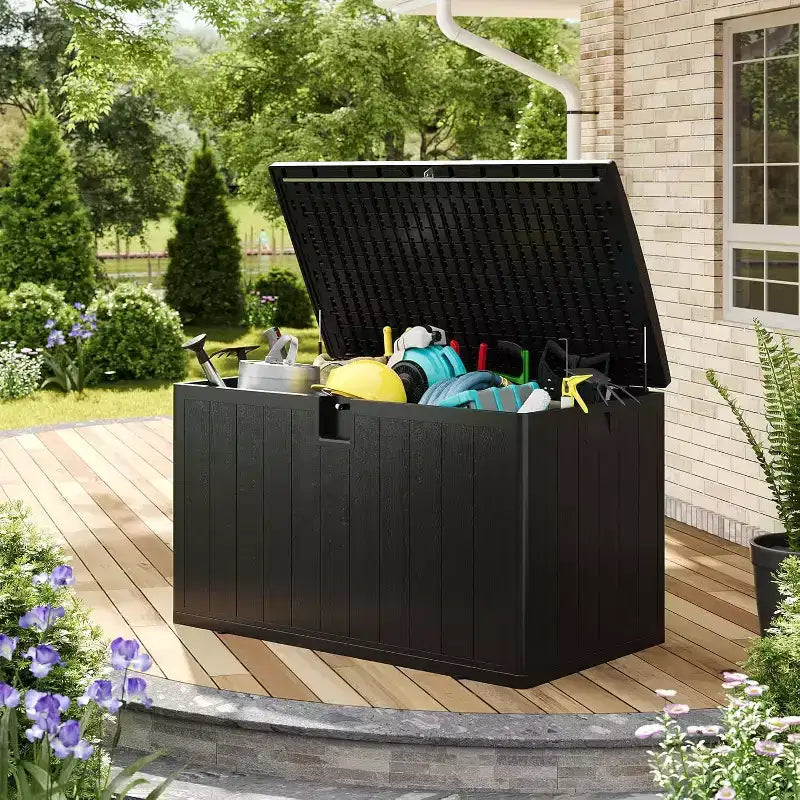 Acekool Baule Contenitore da Esterno da 492 Litri, Grande Cassa in Resina con Finitura Venata Legno, Organizer Impermeabile per Giardino, Prato e Bordo Piscina