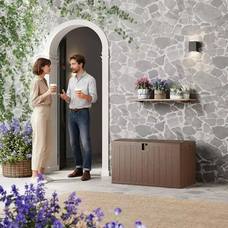 Acekool Baule Contenitore da Esterno da 492 Litri, Grande Cassa in Resina con Finitura Venata Legno, Organizer Impermeabile per Giardino, Prato e Bordo Piscina