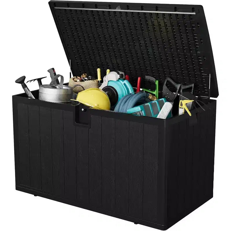 Acekool Coffre de rangement extérieur 492 L, grande malle de pont en résine aspect bois, organisateur de patio étanche pour jardin, pelouse et bord de piscine