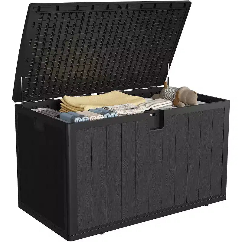 Acekool Coffre de rangement extérieur 492 L, grande malle de pont en résine aspect bois, organisateur de patio étanche pour jardin, pelouse et bord de piscine