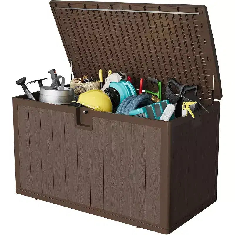 Acekool 130-Gallon Outdoor Storage Box, Large Resin Deck Bin with Wood Grain, Waterproof Patio Organizer for Garden, Lawn & Poolside