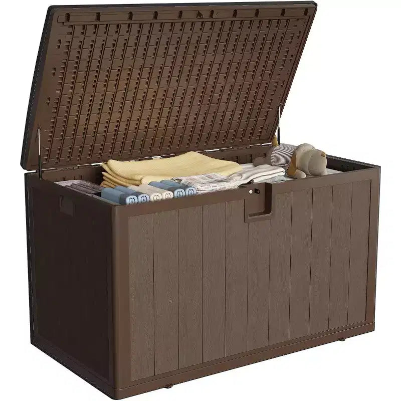 Acekool Coffre de rangement extérieur 492 L, grande malle de pont en résine aspect bois, organisateur de patio étanche pour jardin, pelouse et bord de piscine